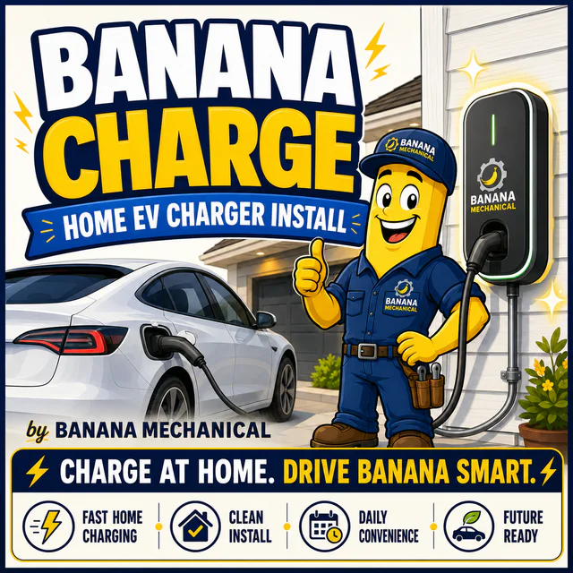 Illustrated Banana Mechanical technician beside a home EV charger and electric vehicle