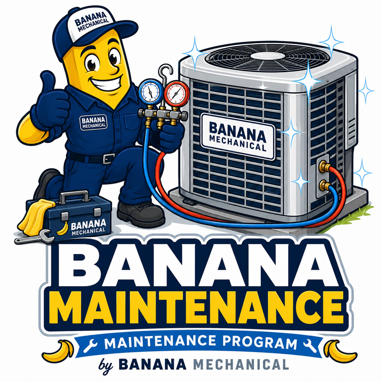 Cartoon Banana Mechanical maintenance technician servicing an outdoor air-conditioning unit