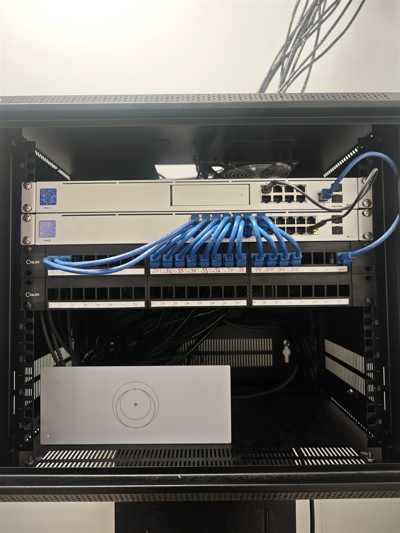Low-voltage network rack with labeled blue patch cables and mounted equipment